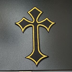 Celtic black and gold trim iron on cross patch goth metal